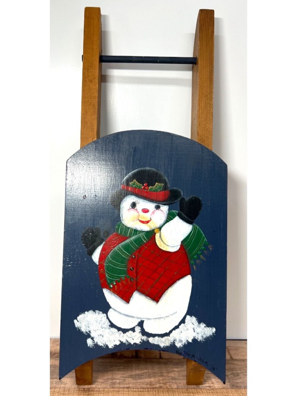 Decorative Wooden Sled With Hand-Painted Snowman Design